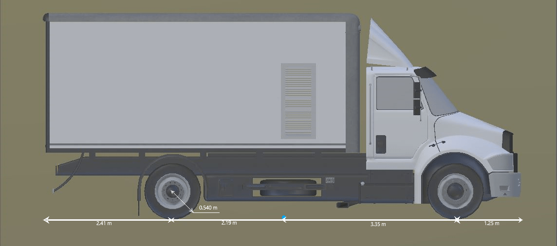 盒子卡车的侧视图，其中心下方以蓝色标记为蓝色及其长度和悬垂尺寸。后悬垂为2.41米。从后悬垂到原点的距离为2.19米。从原点到前悬垂的距离为3.35米。前悬垂为1.25米。轮胎半径为0.540米。