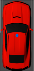 3D simulation vehicle in red with origin at the geometric center of the vehicle