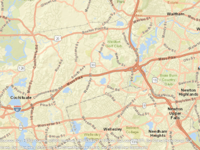 马萨诸塞州东部的一个地图与标有被标记的城市和道路GydF4y2Ba