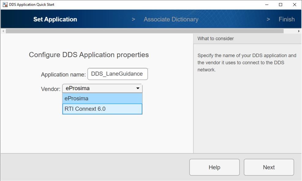 Anzeige von DDS Application Quick Start mit den eProsima- und RTI Connext-Optionen für die Anbieterauswahl。