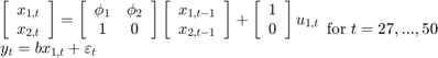 数组$ $ \开始{}{1}& # xA;左\[{\开始数组{}{* {20}{c}} & # xA;{{间{1,t}}} \ \ & # xA;{{间{2,t}}} & # xA;结束\{数组}}\右]左= \[{\开始数组{}{* {20}{c}} & # xA;{{\φ_1}}和{{\φ_2}}\ \ & # xA; 1 & # 38; 0 & # xA;结束\{数组}}\右]\离开[{\开始{数组}{* {20}{c}} & # xA;{{间{1,t - 1}}} \ \ & # xA;{{间{2,t - 1}}} & # xA;结束\{数组}}\右]+ \离开[{\开始{数组}{* {20}{c}} & # xA; 1 \ \ & # xA; 0 & # xA;结束\{数组}}\右]{u_ {1, t}} \ \ & # xA; b {y_t} ={间{1,t}} + {\ varepsilon _t} & # xA;结束\{数组}{\ \ rm;} t = 27日…,50 $ $