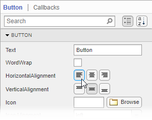组件浏览器的Button选项卡。该选项卡显示可编辑的按钮属性，如文本、WordWap和HorizontalAlignment，以及它们的值。