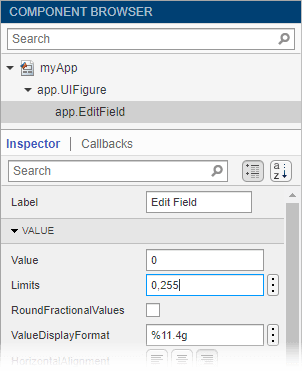 选中数字编辑字段组件的组件浏览器。选中Limits属性字段并包含文本“0,255”。