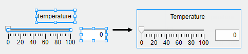 在左侧，分别选择标签、滑块和编辑字段组件。在右侧，将三个组件分组，并选中分组。