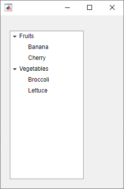 有列出水果和蔬菜的节点的树。所有节点字体为黑色。