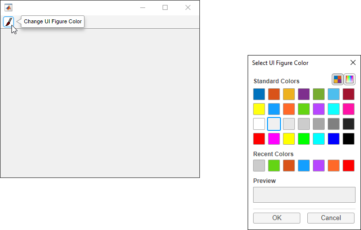 在工具栏推工具中显示画笔图标的UI图形。颜色选择器对话框显示在UI图形的右侧。
