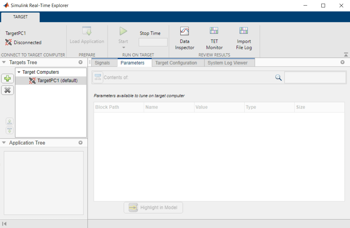万博1manbetxSimulink实时资源管理器窗口与断开连接目标计算机。