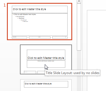 工具提示显示“Title Slide Layout: used by no slides”。