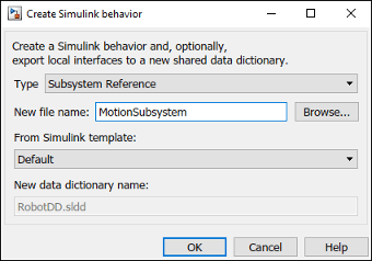 使用新的子系统万博1manbetx名称“运动子系统”创建Simulink行为对话框。