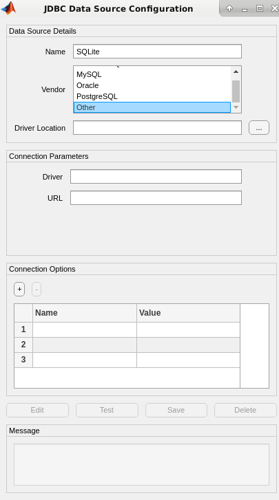 JDBC Data Source Configuration dialog box with the selected Other vendor